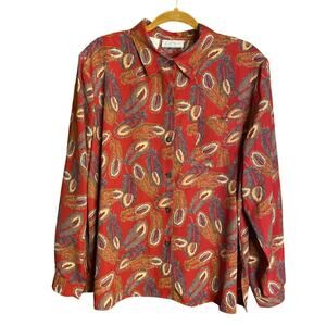 VINTAGE Kathy Ike Red Feather Button Up Bird Blouse 18